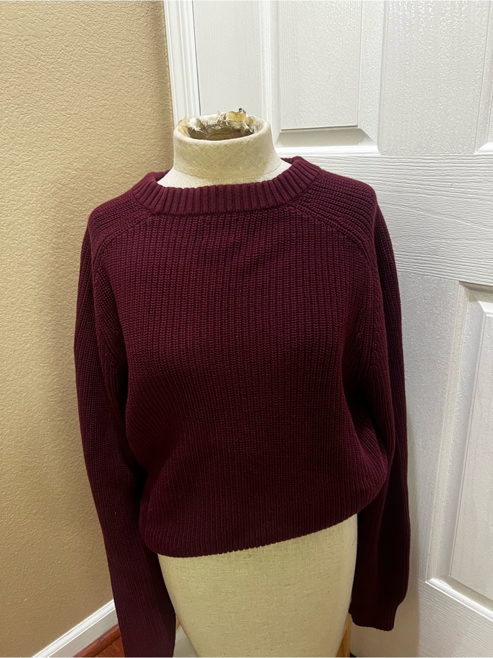 Lands’ End Drifter Sweater Mens Medium Burgundy Shaker Stitch Cotton Knit